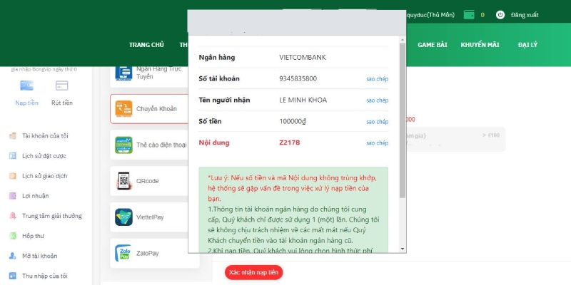 Nạp tiền thông qua ngân hàng phổ biến